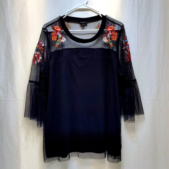 Torrid Black Floral Embroidered Mesh Tunic Top 3/4 Bell Sleeves Women's Size 1 - Picture 1 of 8